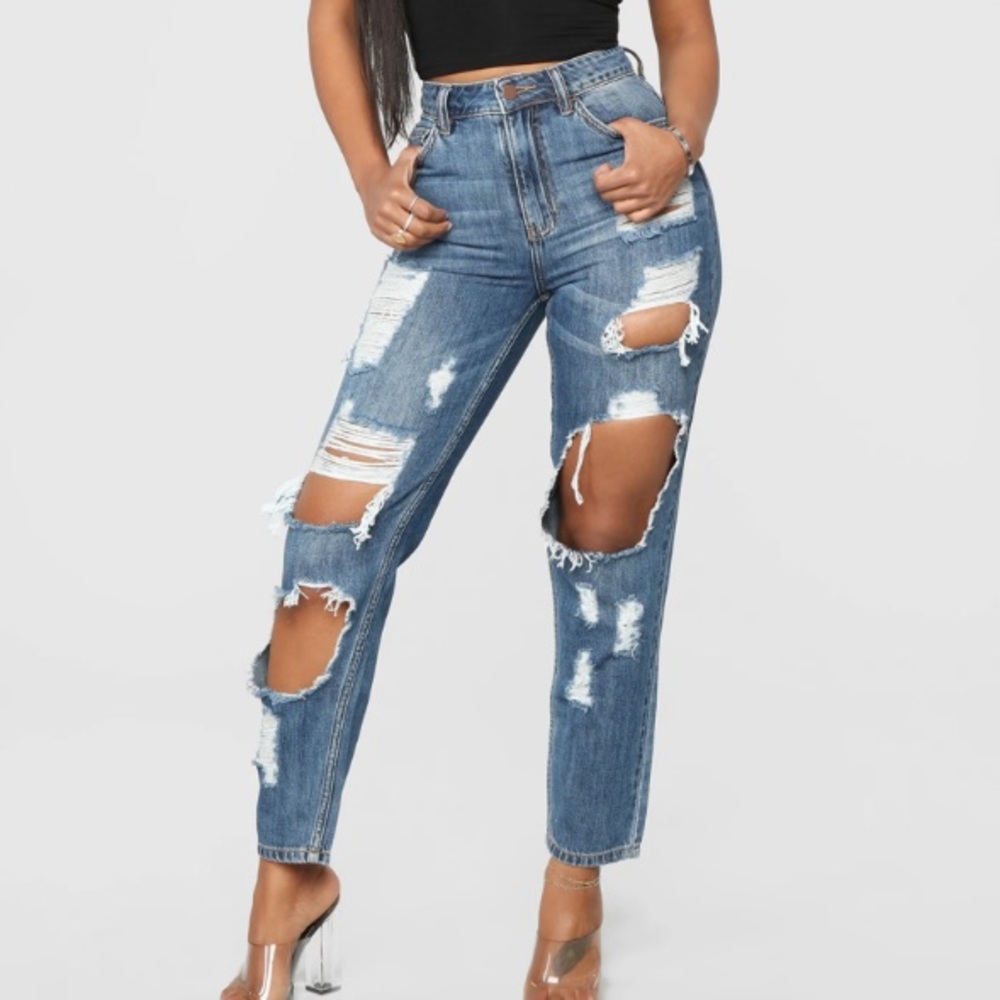 Medium Blue Wash Distressed Boyfriend Jeans